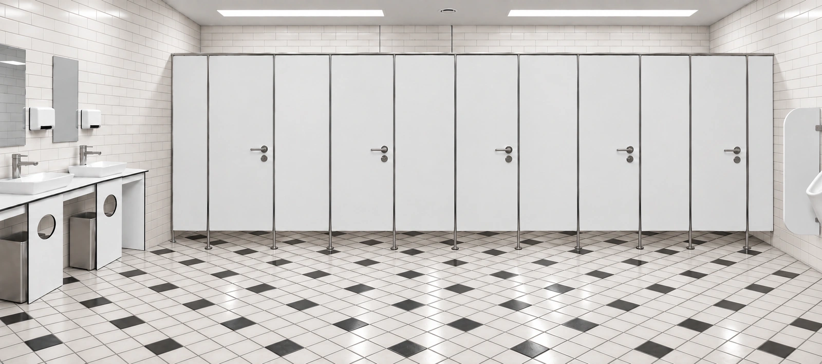 Sanitäranlage mit WC-Trennwänden Serie TF, Schamwände und Waschtisch