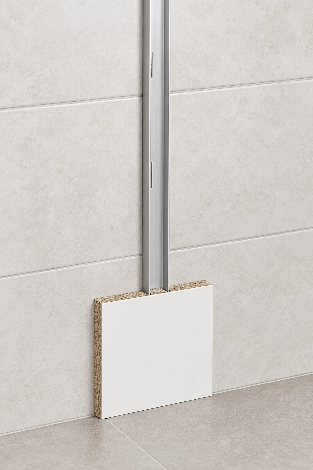 Aluminium-Wandanschlussprofil mit einer Trennwandplatte vor einer gefliesten Wand