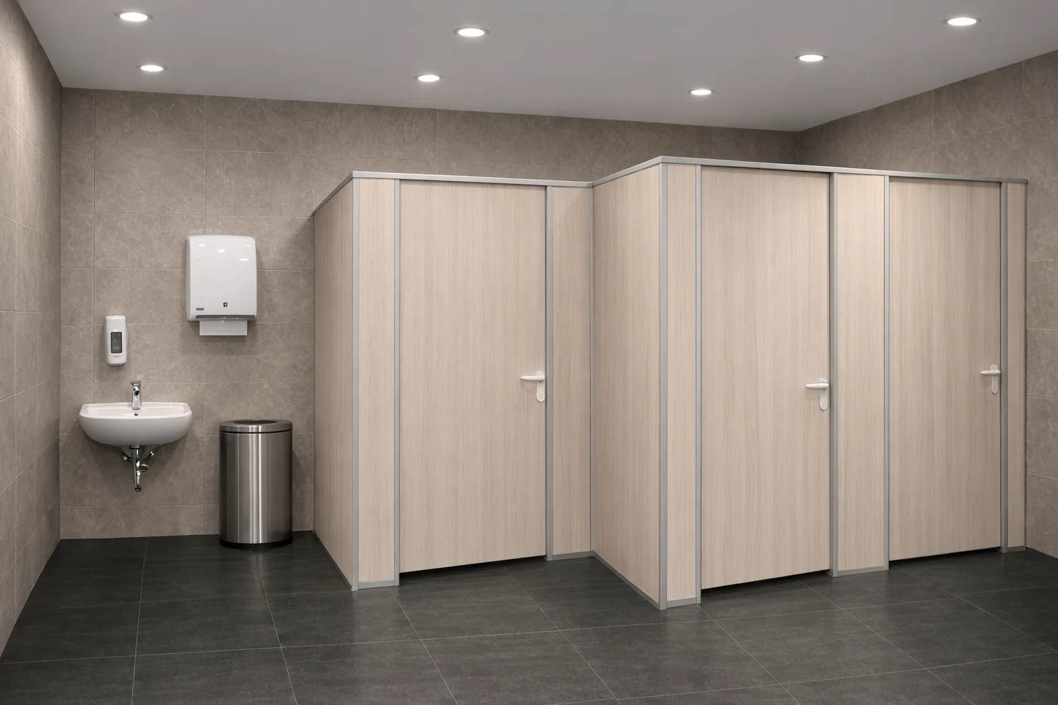 Sanitärtrennwandanlage in heller Holzoptik mit drei Türen und einem Waschbecken links