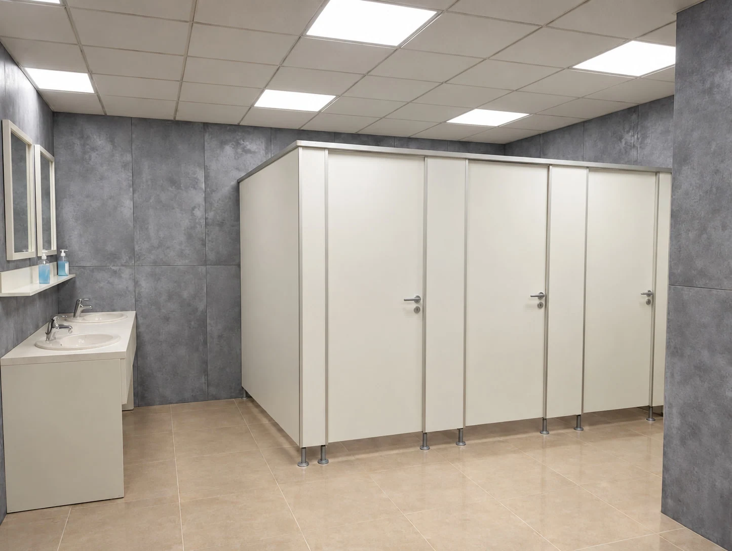 Helle WC-Trennwandanlage mit drei Türen und einem Waschtisch mit zwei Waschbecken links